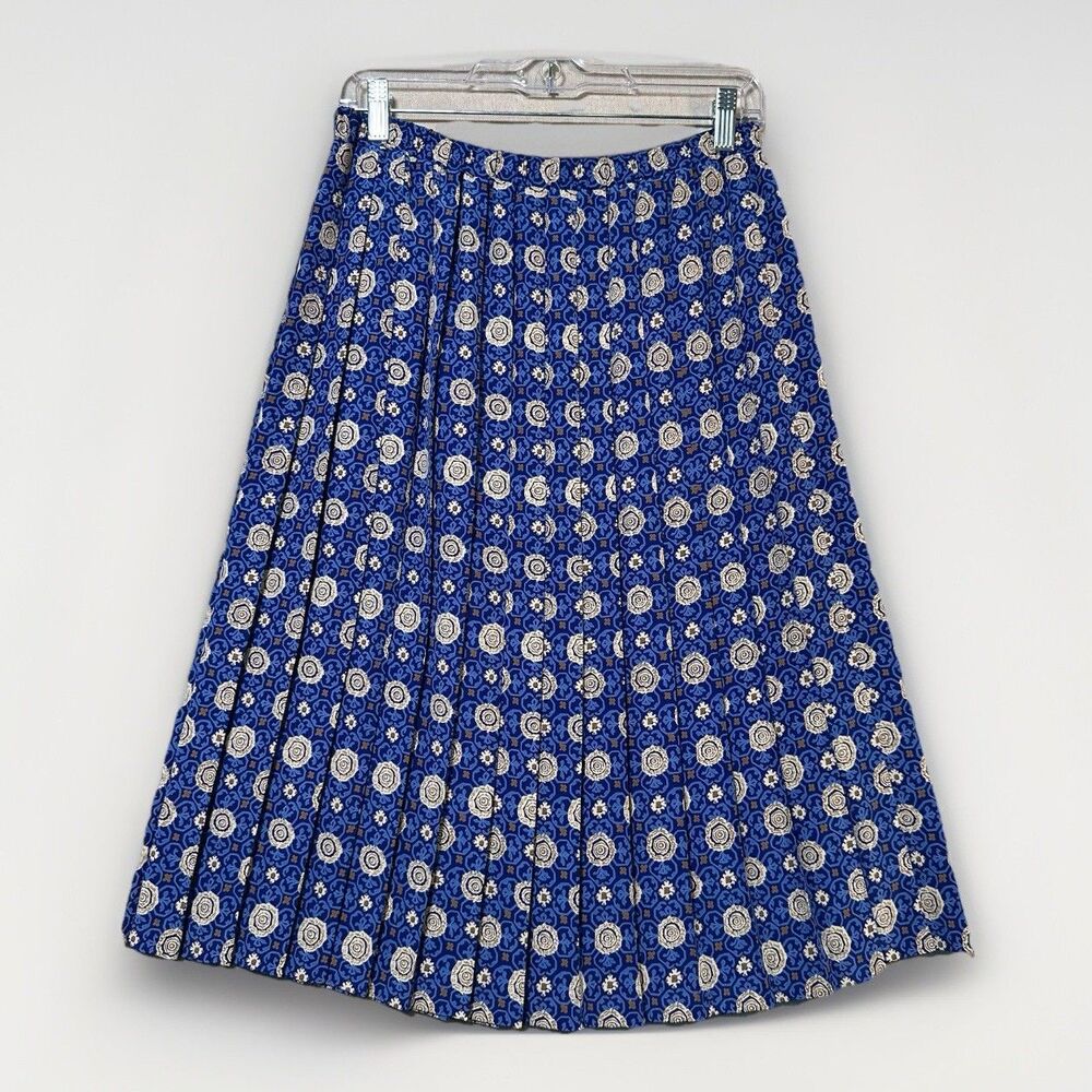 Leslie Fay 2 Piece Skirt Suit Size 8 Retro Pleated Midi Blue Aztec Vintage 80s - Picture 3 of 13